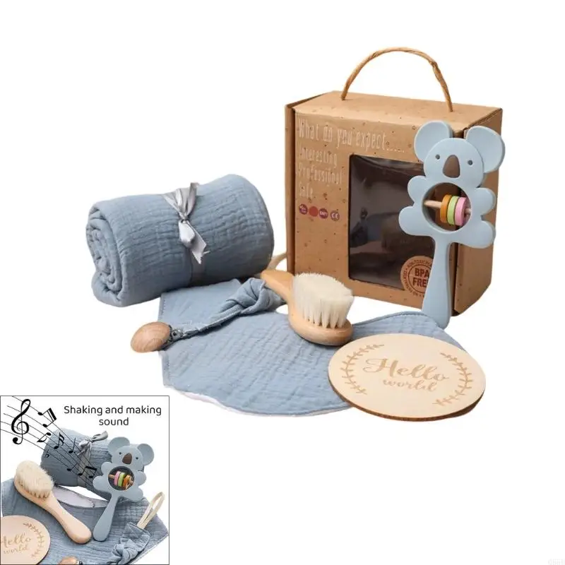Baby Gift Box Set for Boys Girls Includes Wrap Blanket Rattle Pacifier Clip Chain Brush and Wooden Round Board