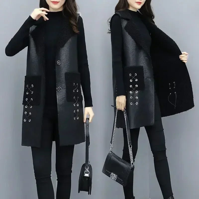 Winter wool Leather Vest Women's Clothing 2025 PU Jacket Korean Solid Sleeveless Vest Mid Long Coat Female Waistcoat Outerwear - 5