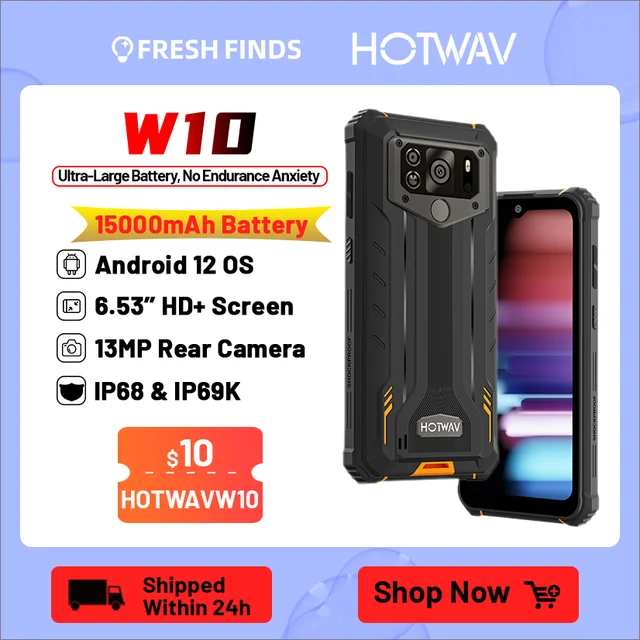 HOTWAV Rugged Large Battery Smartphone Android 12 Mobile Phone 13 MP Camera Cellphone W10 IP68 IP69K 6.53'' HD+ 4GB 32GB 1