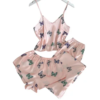 طقم ملابس نوم مطبوعة على شكل فراشة مكون من ثلاث قطع مع شورت بحمالات، ملابس منزلية، طقم ملابس نوم مريح وفضفاض لفصل الربيع 5