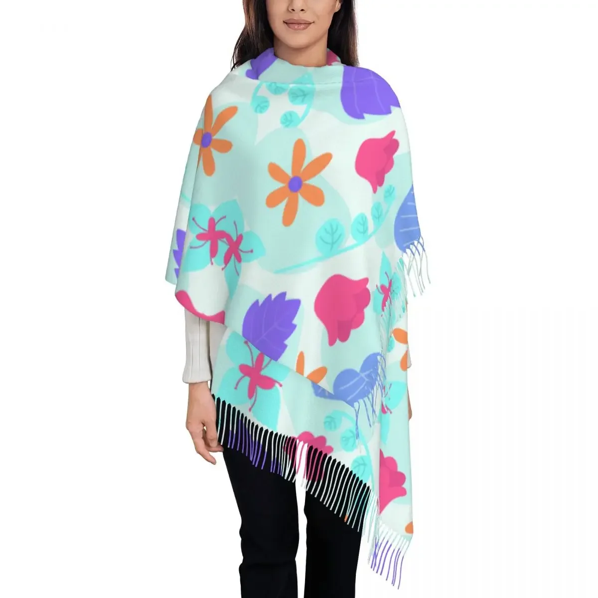 

Personalized Printed Romantic Flower Long Pile Fringe Men Scarf Women'S Anti Chill Scarf