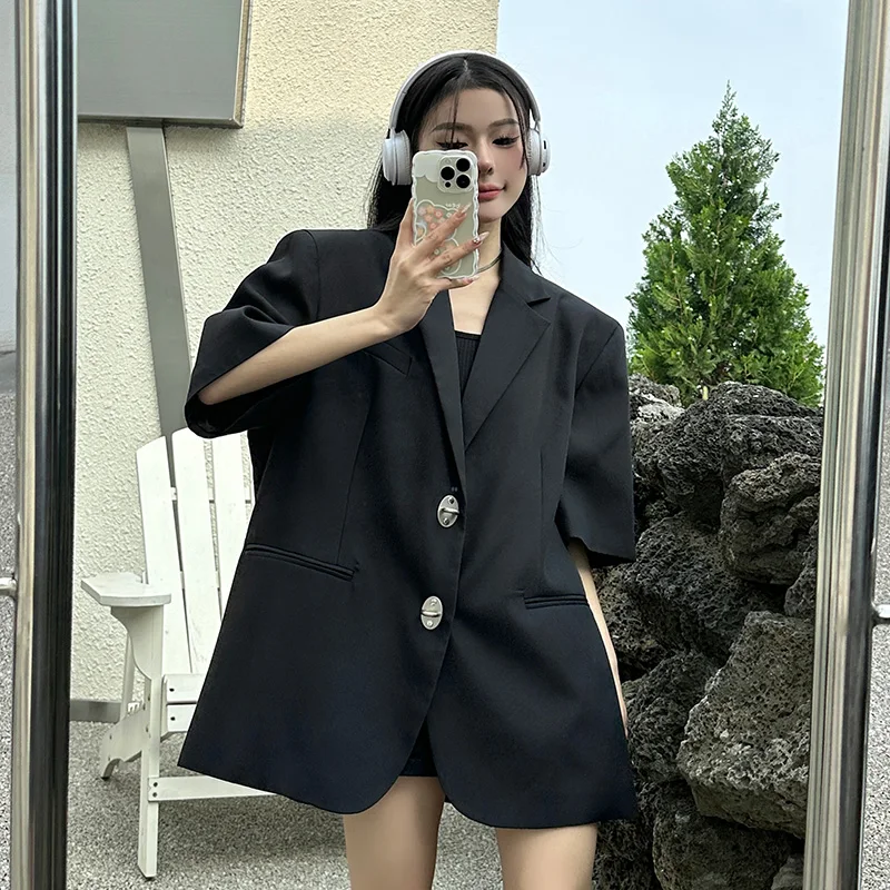 Summer Black Blazers Women Fashion New Streetwear Loose Button Down Short Sleeve Jackets Femme
