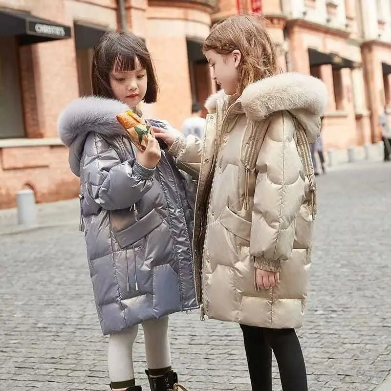 Fashion Girls Winter Coat Faux Fur Hooded Parkas Children Thickening Warm Bright Cotton Padded Jacket For Kids Outwear TZ659