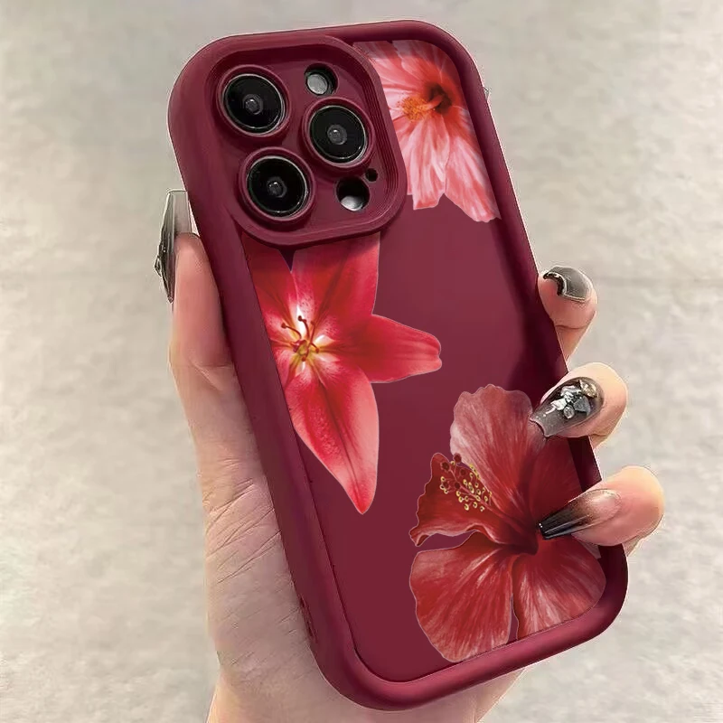 Wine Red Flower Print Soft Phone Case For iPhone 16 15 Pro