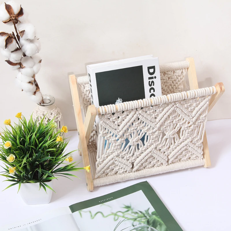 Office Furniture Cotton Rope Woven Magazine Storage Rack Creative Desktop Book and Newspaper Rack Floor Storage Magazine Racks