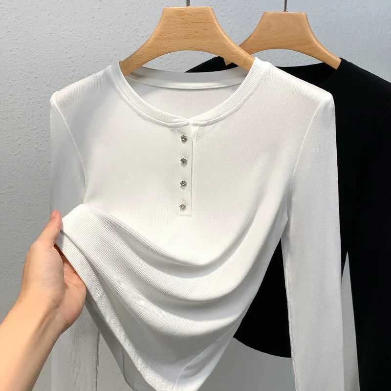 

HIgh Quality 2024 Women Tops Winter Autumn Screw Thread Thin T- Shirt Female Clothing Sexy Crop Top Clothes Casual Blouse Y2k