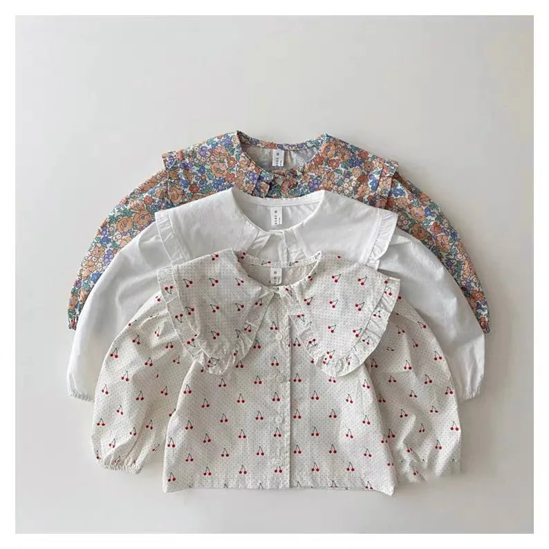 

9839B Children Clothes Girl's Shirt Spring Autumn Fashion Print Girl's Blouse Tops Big Turn Down Collar 1-7Year Kid's Shirt