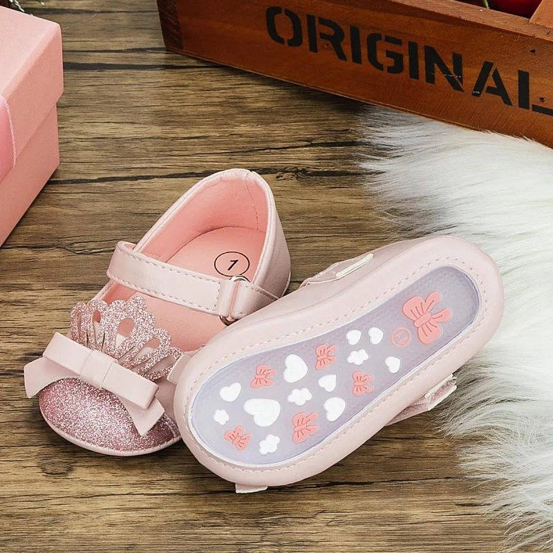 Baby shoes Infant baby girls shoes Fashion Crown princess Non-slip Rubber shoe Soft-sole Flat PU First walker Birthday shoes