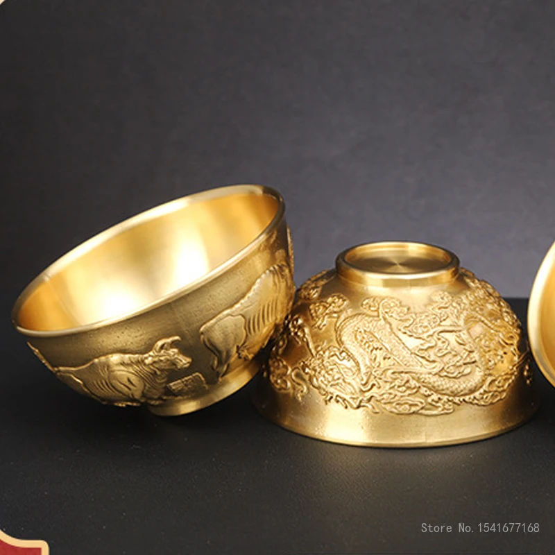 Pure Copper Holy Water Cups, Relief Dragon, Five Cattle Pattern, Buddhist, Kung Fu Tea Set Supplies, Brass, Decorative Bowl, 1Pc