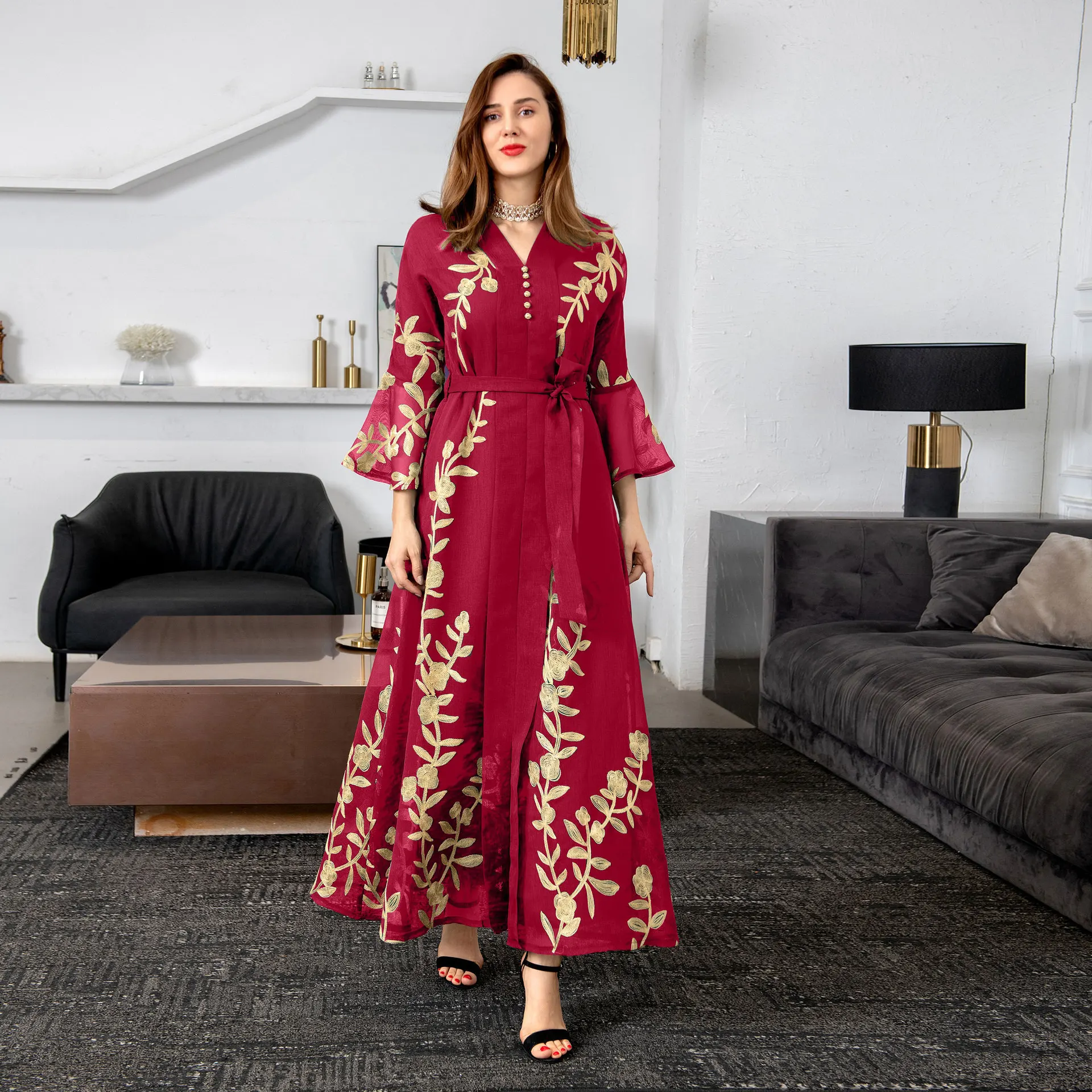 AB170 Muslim Four Seasons Gauze Embroidered Robe European American Women's Temperament Evening Dress Arab Dress