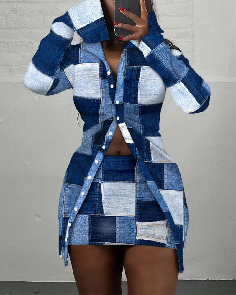 

Women Dress Sets Two Piece Long Sleeve Turn Down Collar Pockets Single Breasted Button Slim Plaid High Street Knee Length