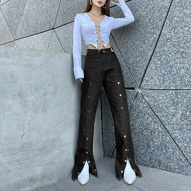 Indie Heart Button Jeans Women High Waist Solid Colors Wide Leg Pants ...