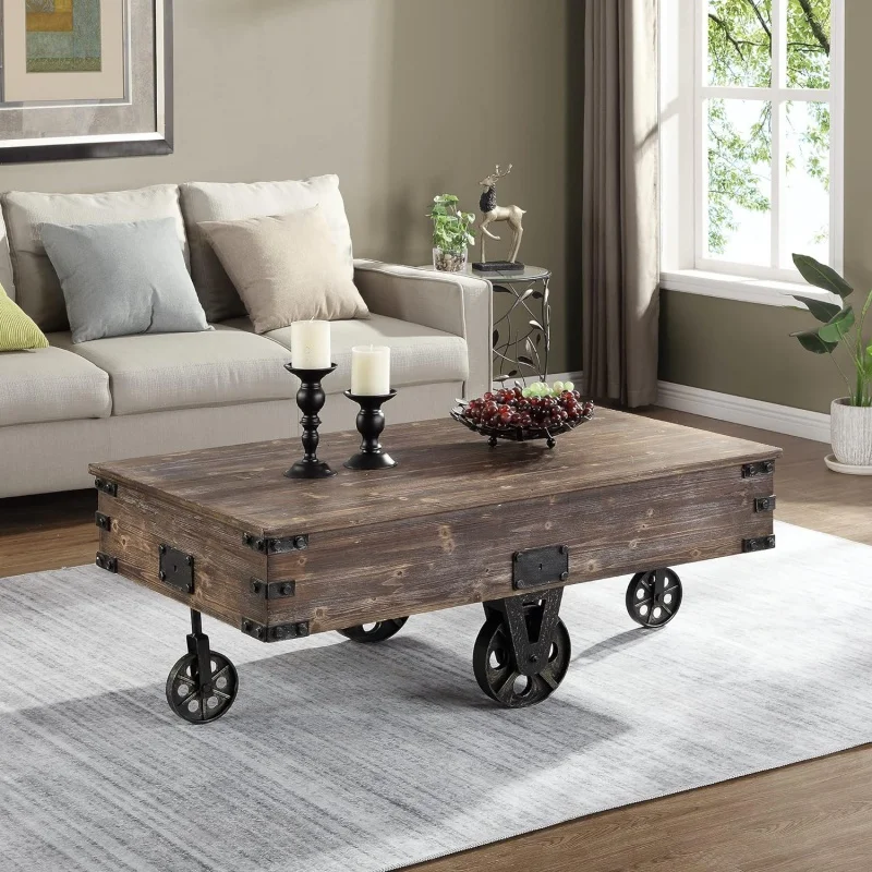 

FirsTime & Co. Brown Factory Cart Coffee Table, Vintage Center Table with Wheels for Living Room, Rectangular, Wood, Farmhou