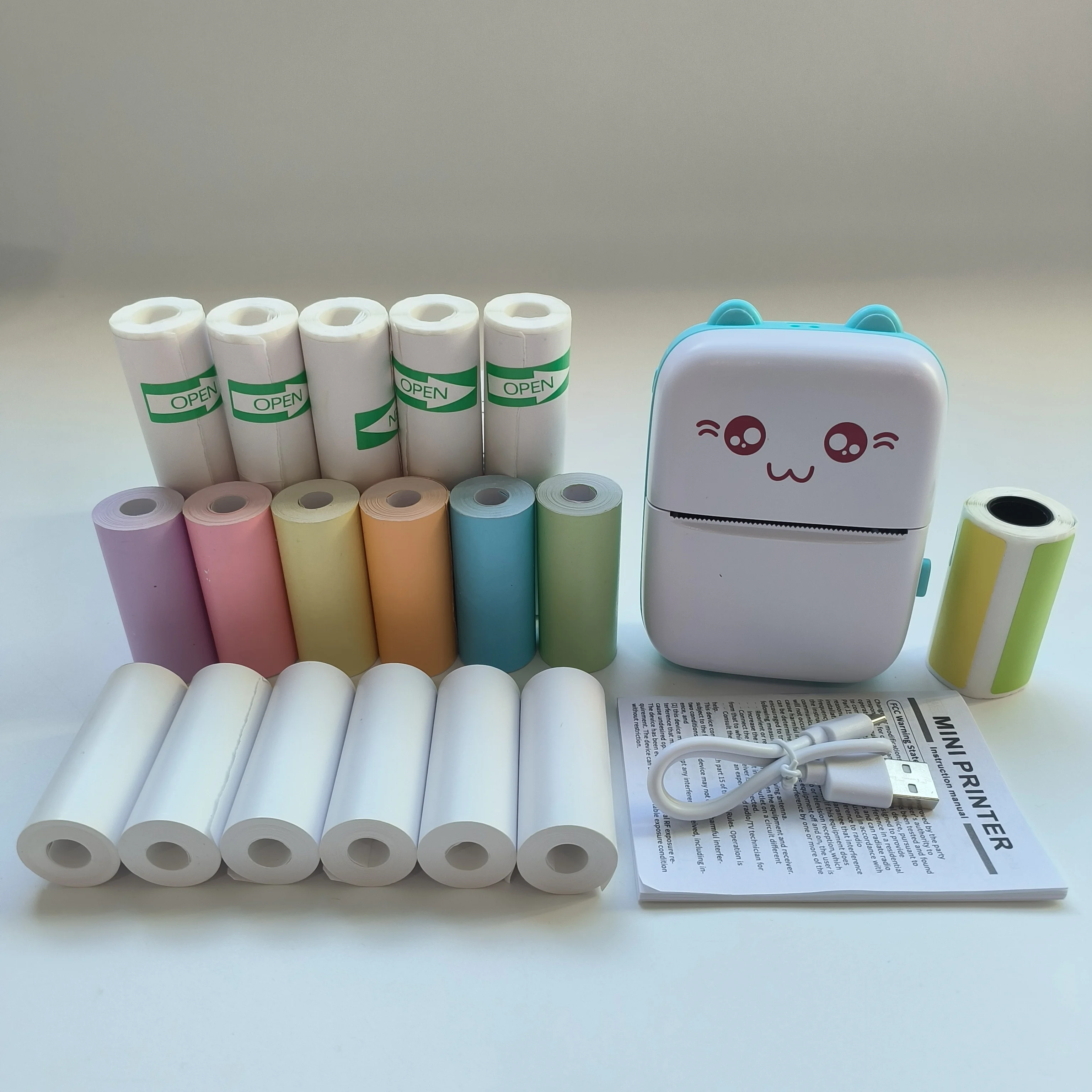 휴대용 포켓 미니 프린터 (스티커 롤 5개, 6색 용지, 5개 감열지, 1개 라벨 용지 포함), 모바일 연결 잉크리스 W