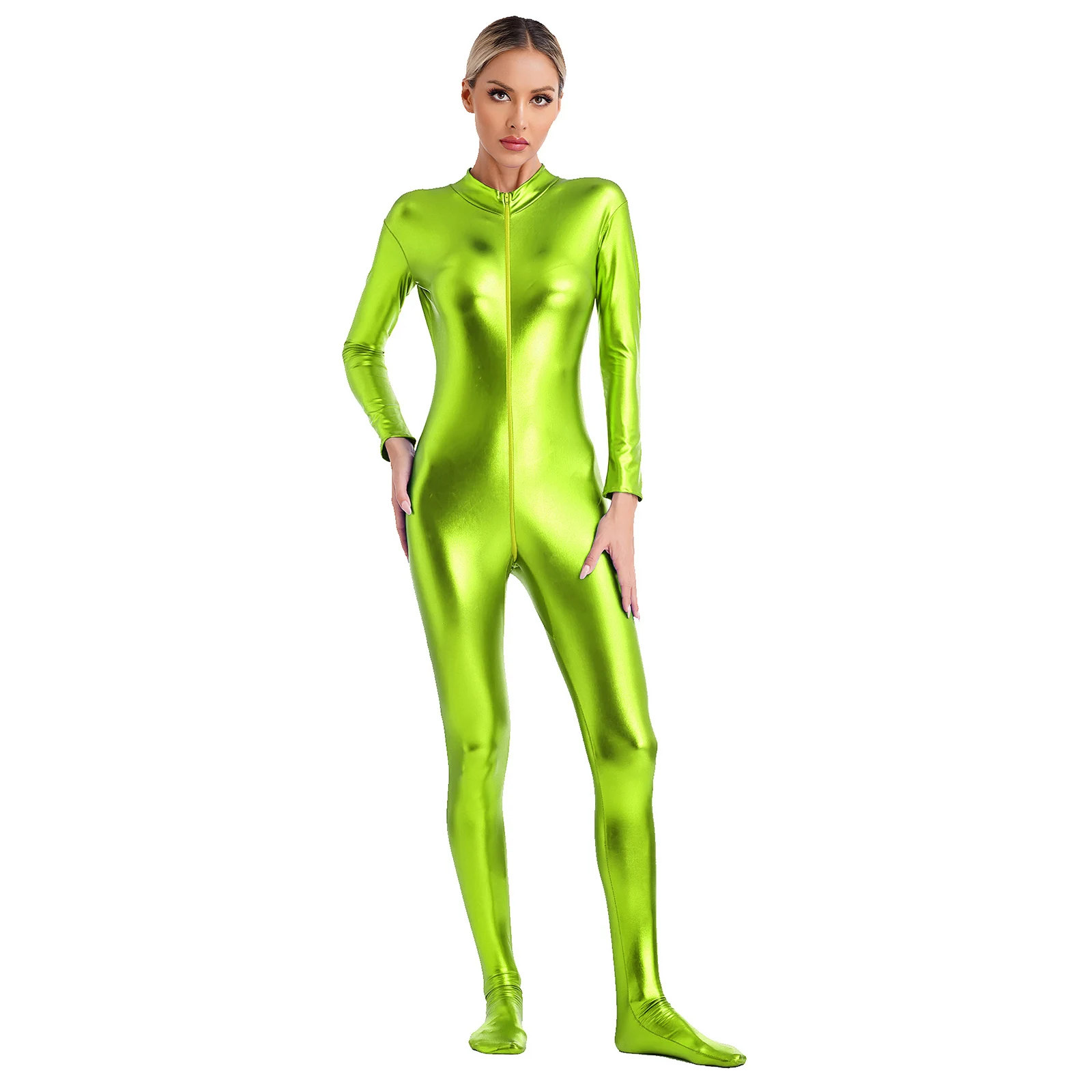 Gymnastics unitard Womens Metallic Shiny Zentai Jumpsuit Mock Neck Long Sleeve Zipper Full Body Unitard Tights for Gymnatics Performance Clubwear