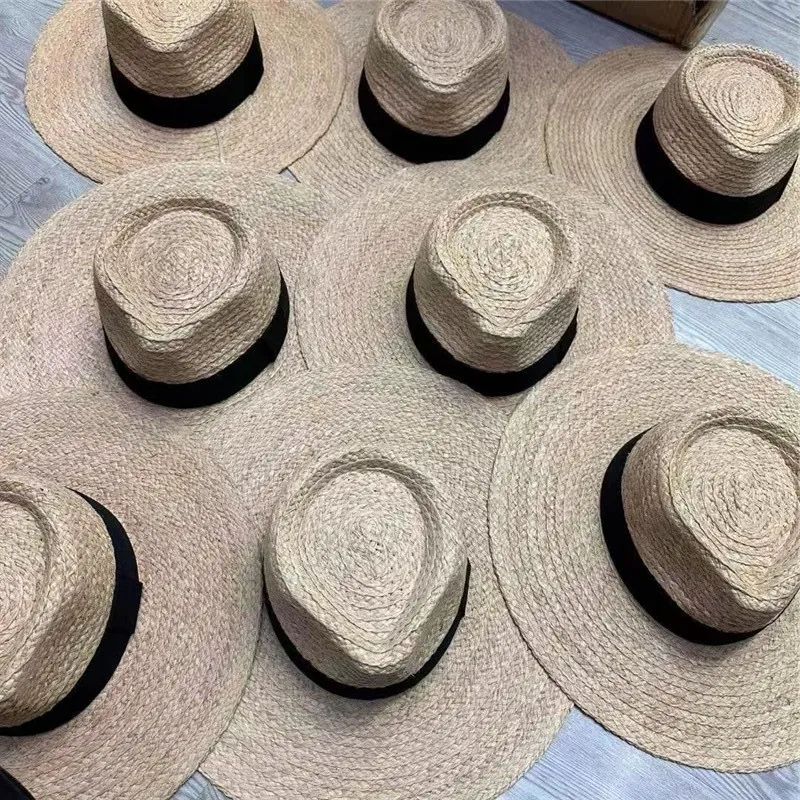 

2023-2508864 ins summer same star handmade raffia grass 10cm brim Water drop head fedoras cap men women panama jazz hat