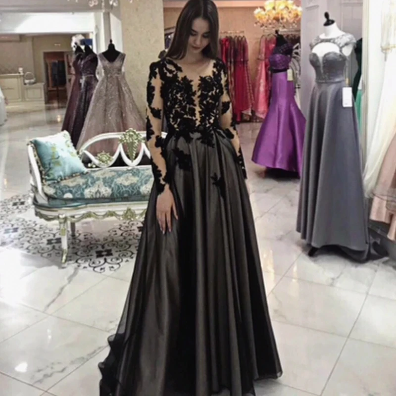 

Black Long-sleeved Formal Prom Evening Dress 2023 Spring New Gauze Applique Ground-Level Women's Party Dress Charming Elegant