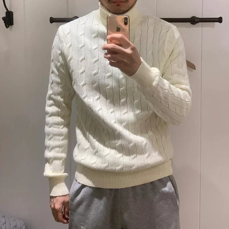 Męski sweter na jesień i zimę 2025, ciepły, jednolity kolor, długi rękaw, stójka, sweter dzianinowy w stylu casual.