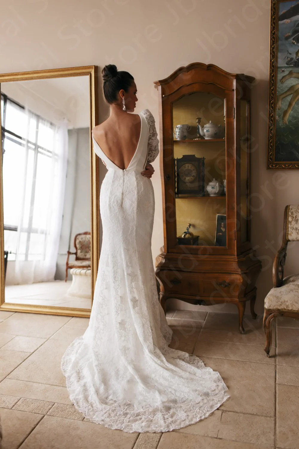 Gorgeous 2023 New Wedding Dresses Lace Mermaid Bride  Long Sleeves Round Neck Bridal Gowns Backless Court Train On Sale