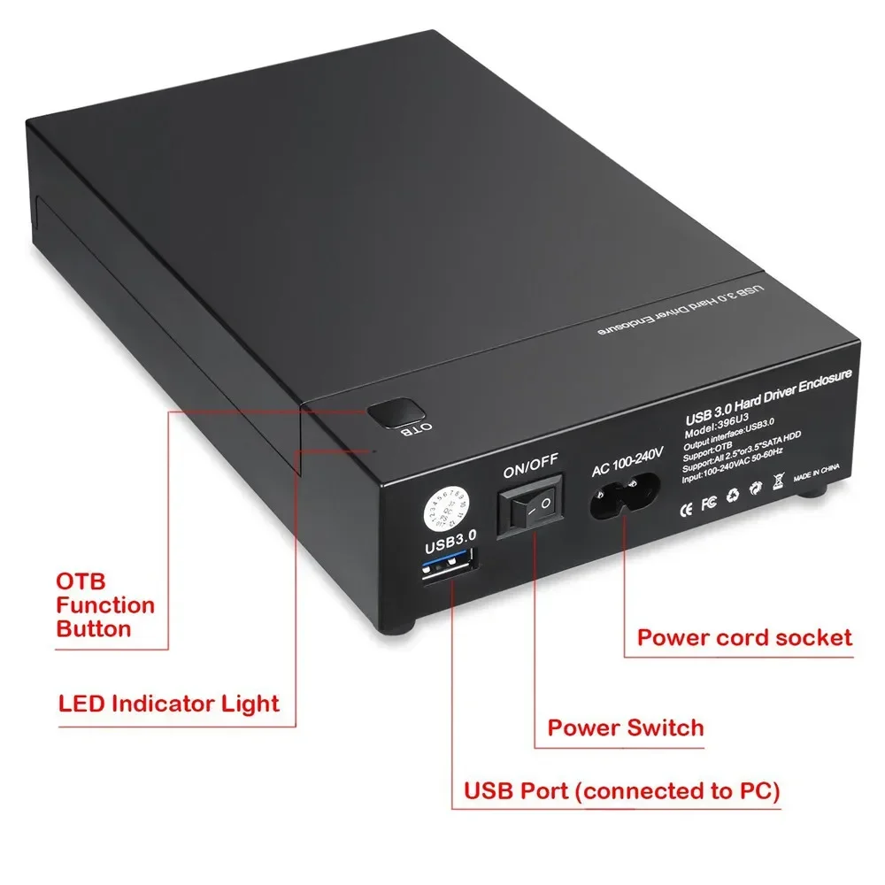 3.5 Inch USB 3.0 to SATA III External Hard Drive Enclosure Case Support Both 2.5" & 3.5" SATA HDD SSD Built-in Adapter