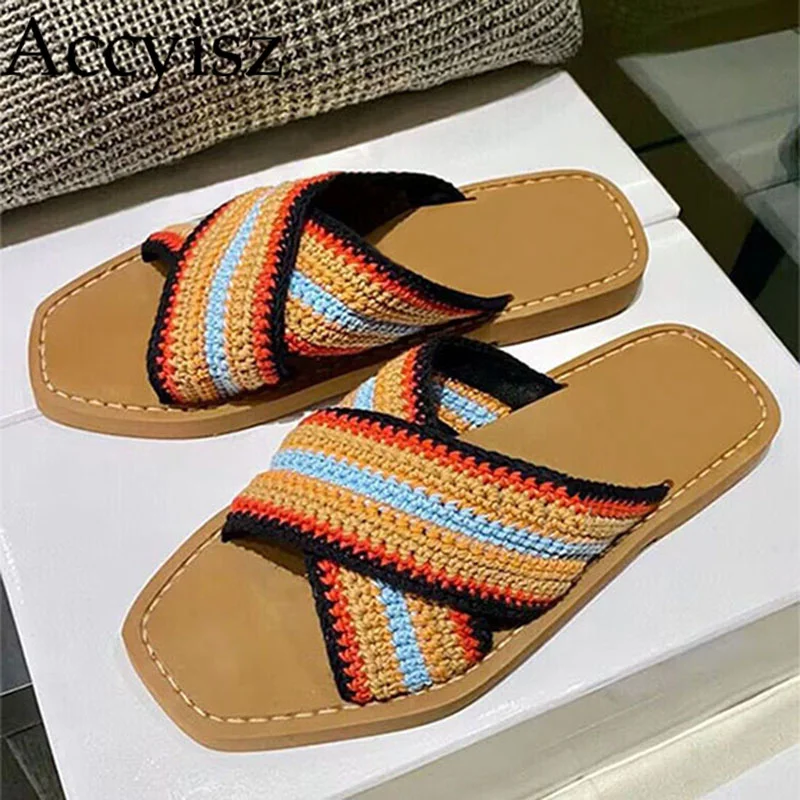 

2023 Summer New Fashion Square Head Open Toe Colorful Handwoven Flat Bottom Slippers for Women's Comfortable Outgoing Slippers