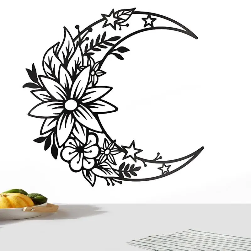 Moon Wall Decor Metal Wall Black Floral Home Decor Half Moon Flower Sculpture Hung Wall Decor Metal Wall Hung Moon Decor Flower
