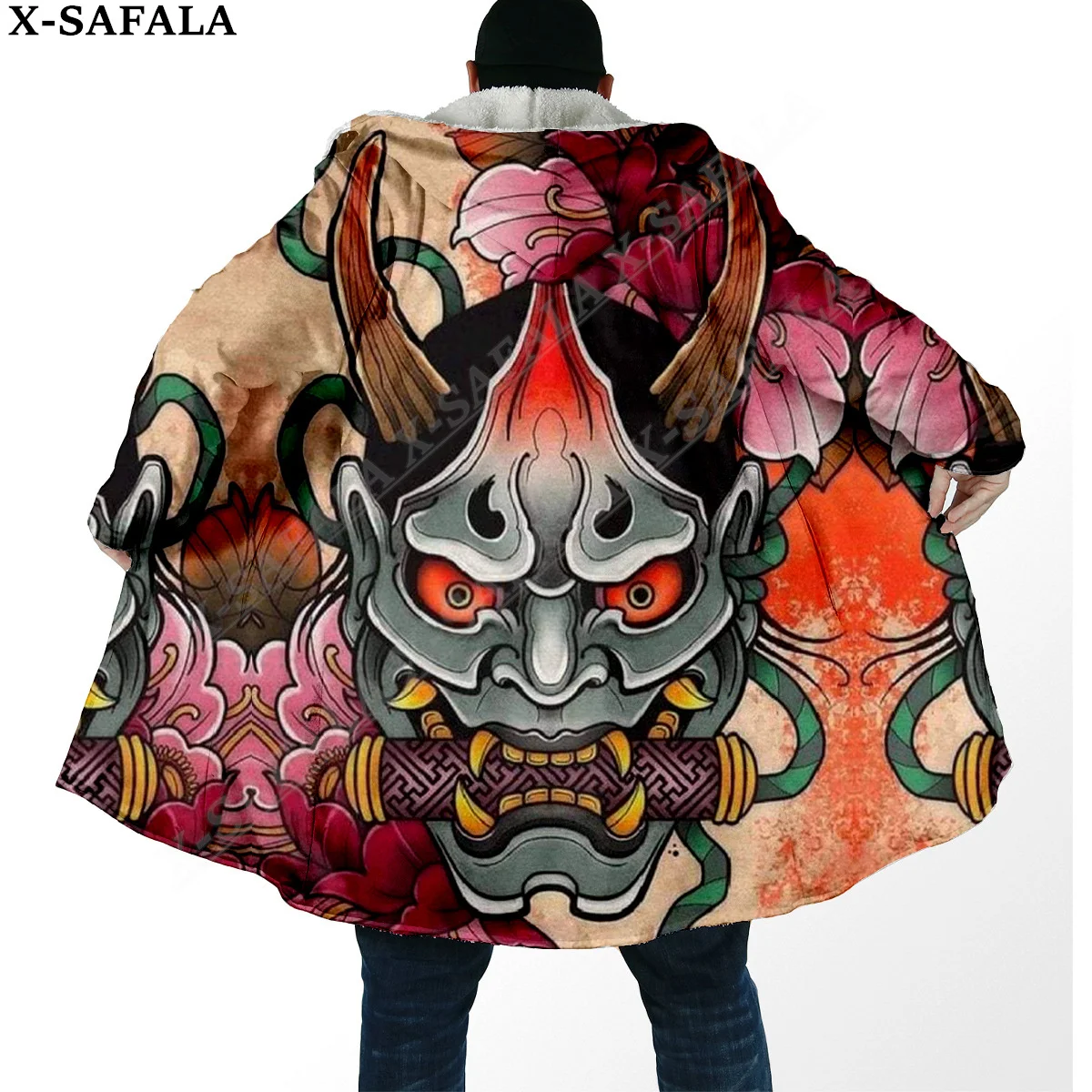 Japanese Samurai Oni Mask Tattoo Warrior Overcoat Coat 3D Print Thick