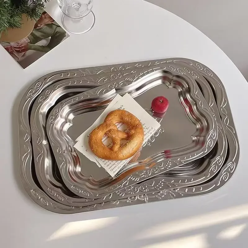 Stainless Steel Rectangular Tray with Embossed Design for Kitchen Living Room Storage Durable Fruit Snack Cake Serving Dish 1PCS
