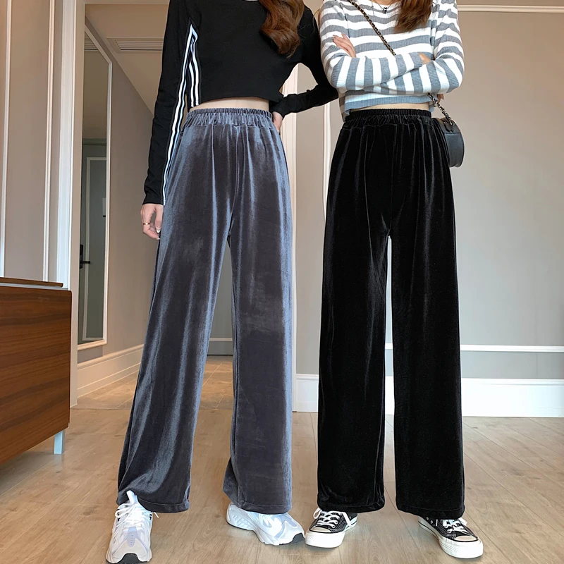 

Lucyever Loose Elastic Waist Pants Womens 2022 Autumn New Fashion Velour Wide Leg Pants Woman Gray Pockets High Trousers Female