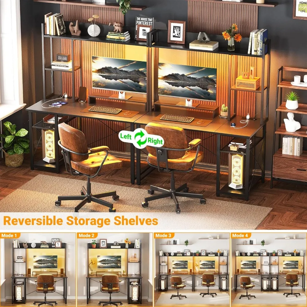 Computer Desk with LED Lights & Power Outlets, Home Office Desk with Reversible 5 Tiers Storage Shelves & Monitor Stand 4