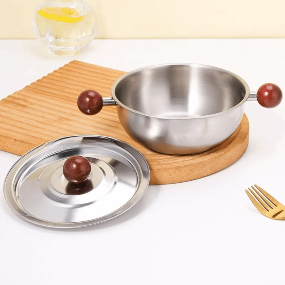 High Quality Stainless Steel Complementary Food Pot Silver Bowl Small Cookware Wood Ball Handle Round Milk Pan Universal