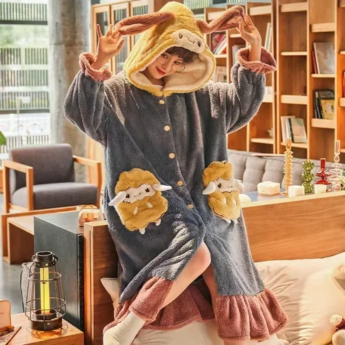 여성용 만화 후드 잠옷, 긴 가운, 딸기 재킷, 귀여운 홈웨어, 귀여운 플란넬, 따뜻한 목욕 가운, 2023 겨울 5