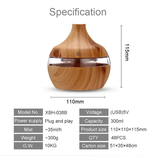 300ml High Quality Aromatherapy Essential Oil Diffuser Wood Grain Remote Control Ultrasonic Air Humidifier with 7 Colors Light 4