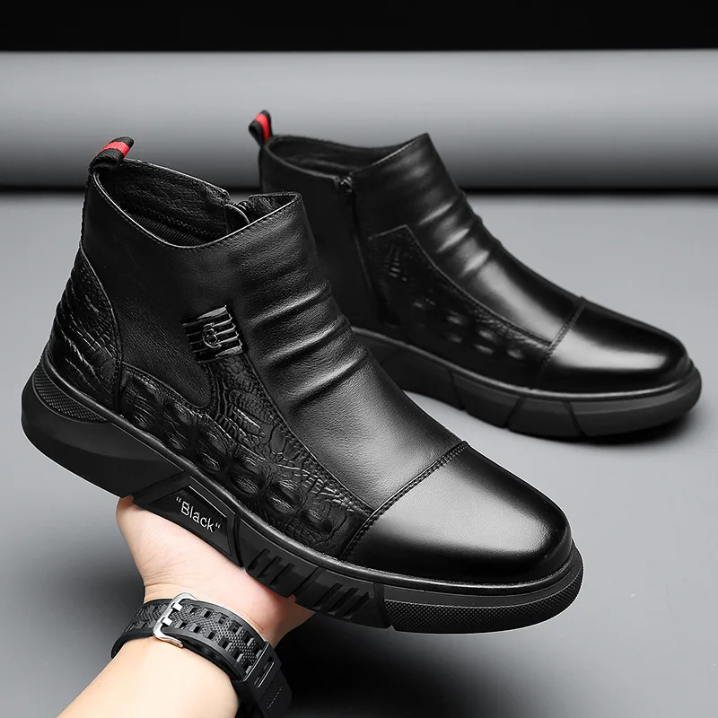 Winter Men Ankle Boots Crocodiles Pattern Fashion HighTop British Style Ninja Plush Cotton Shoes