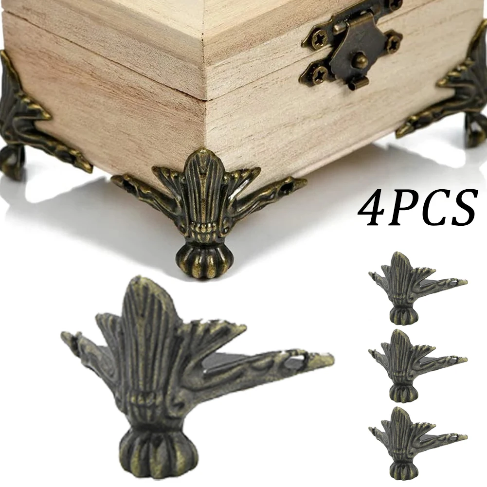 4 Pcs Antique Corner Protector Brass Jewelry Chest Wood Box Cabinet Decorative Feet Leg Corner Bracket Furniture Hardware