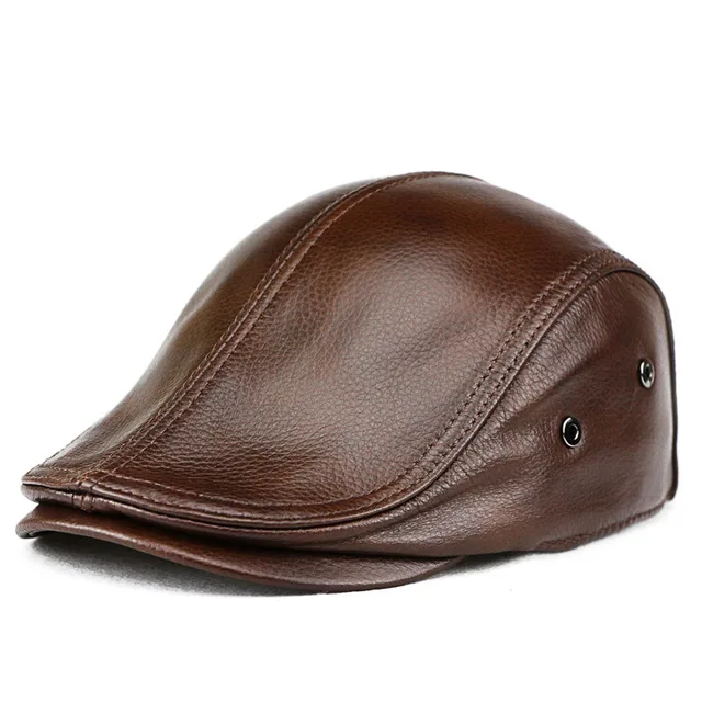 Retro Brown Cowhide Genuine Leather Men's Beret Hat Warm Spring Winter Cap Real Leather Painter Boina Octagona Style 1