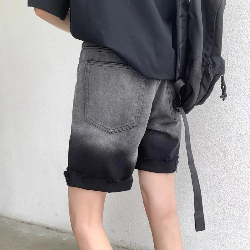 Summer Gradient Denim Shorts Men's Fashion Retro Denim Shorts Mens Streetwear Korean Loose Hip-hop Straight Men