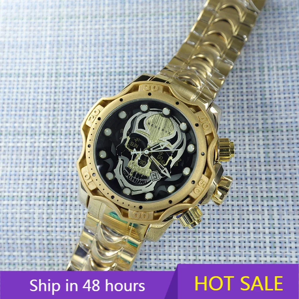 

Hollow Skull 18K Gold Undefeated Reserve Men Watches Big Dial Invincible Business Full Steel Wire Watch Clocks Relogio Masculino