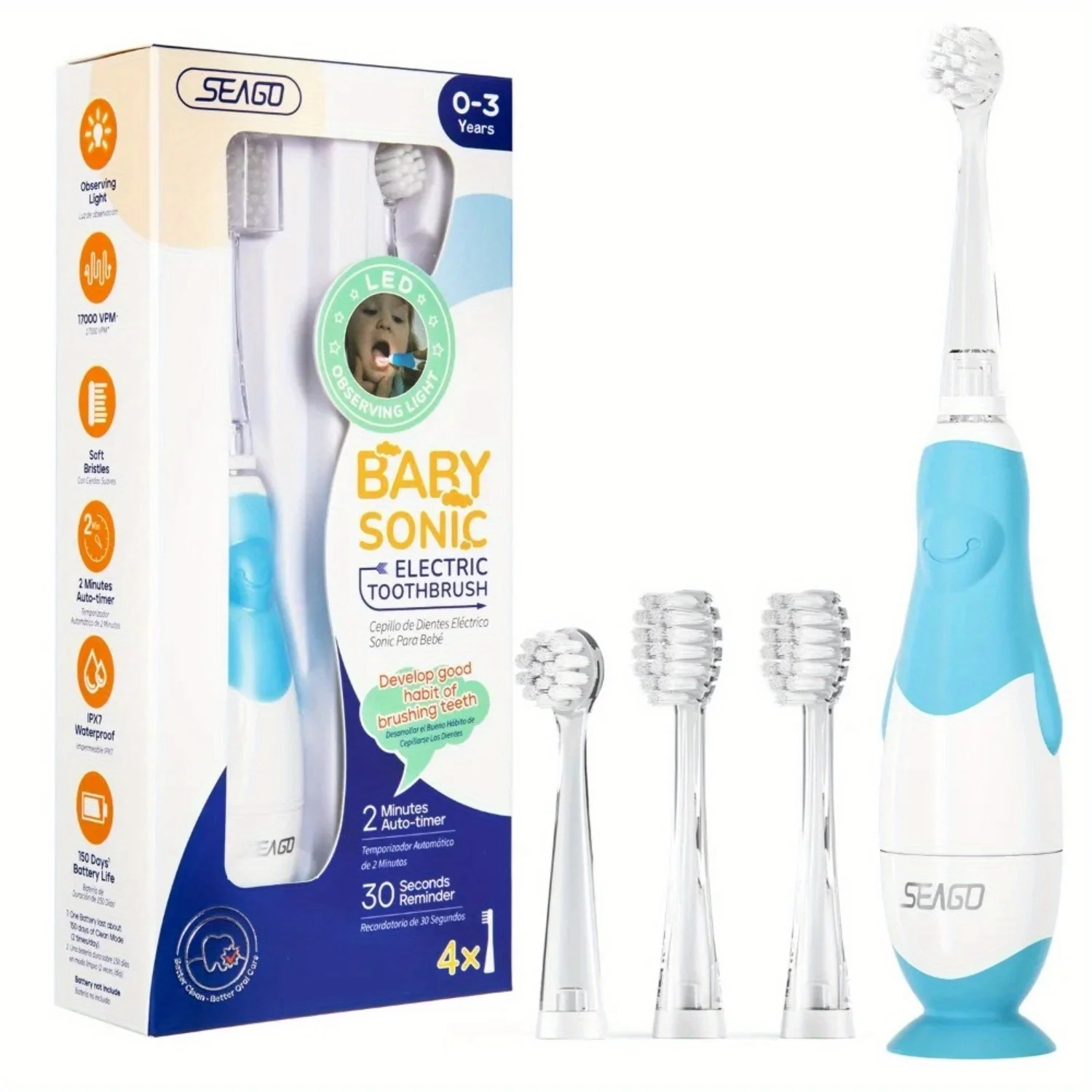 1/2 pc Seago513 Kids Sonic Electric Toothbrush 2 Mins Smart Timer Children Sonic Tooth Brush Colorful Led Light Waterproof Gift