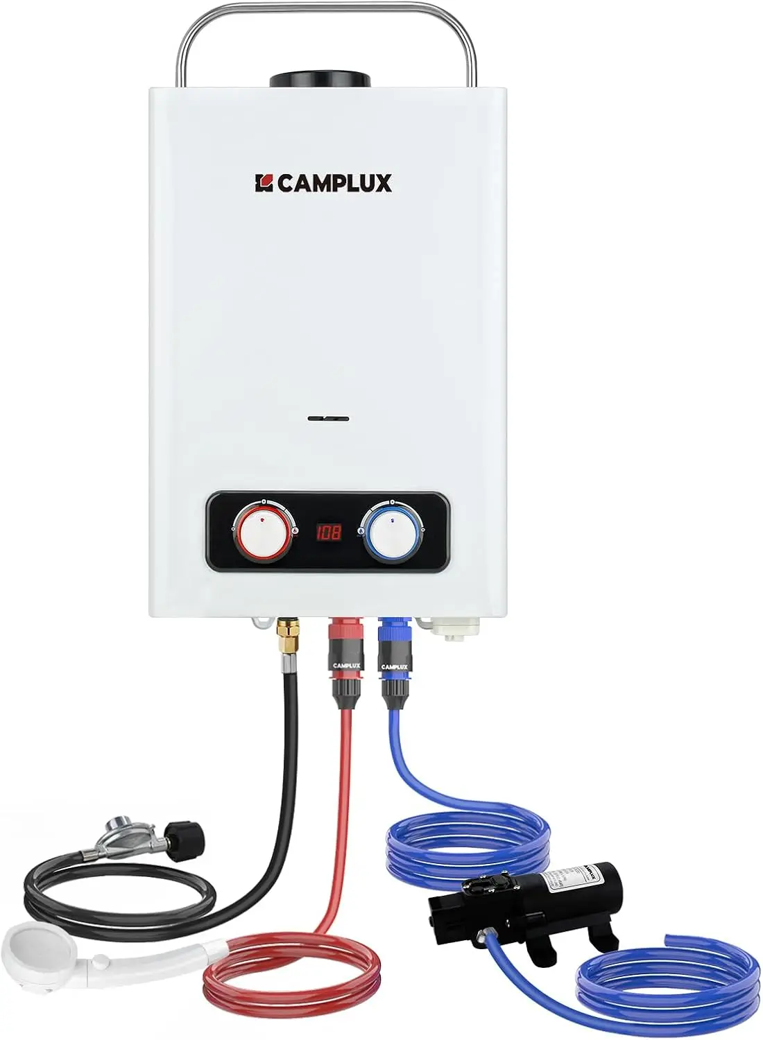 Tankless Water Heater Propane 1.58 GPM Portable with 1.2 GPM Water Pump Kit Camping Heater for RV Cabins