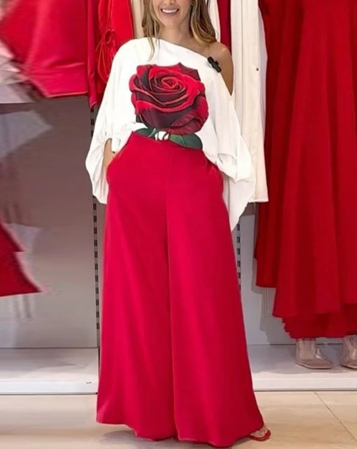 Pretty Girl 2024 New Rose Print Lantern Sleeves Diagonal Collar and Casual Pocket Design Wide Leg Pants Set