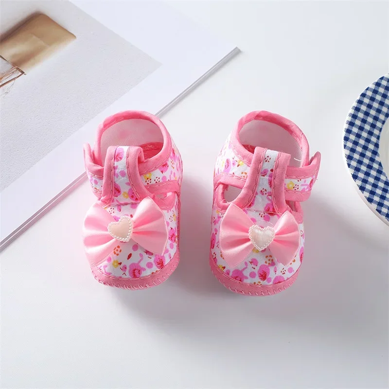 0-18months Baby Girls Flat Shoes Soft Sole Bowknot Flower Print Non-Slip Shoes For Infant Girls Indoor Outdoor First Walkers 6