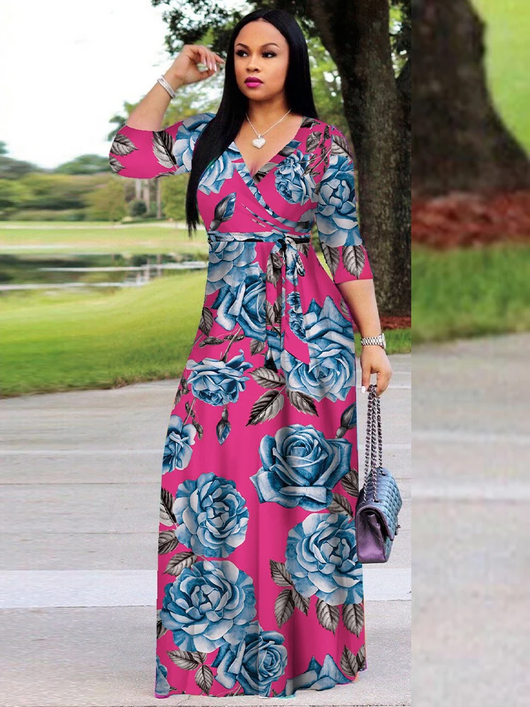 

Elegant Fashion Floral Print Fit and Flare Dress Woman Deep V Neck Three Quarter Sleeve Vestidos Vintage Bohemian Maxi Dresses