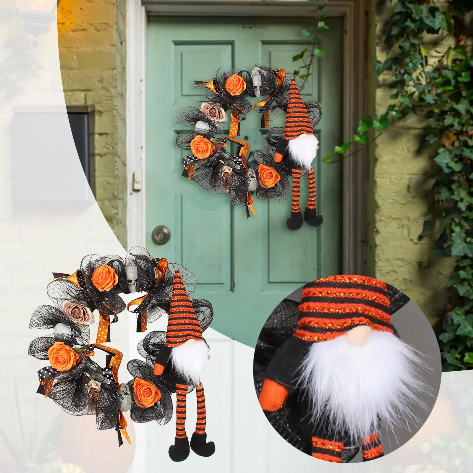 

Christmas for Front Door Halloween Garland Door Hanging Wall Dwarf Doll Decorative Pendant Halloween Porch Light Wreath