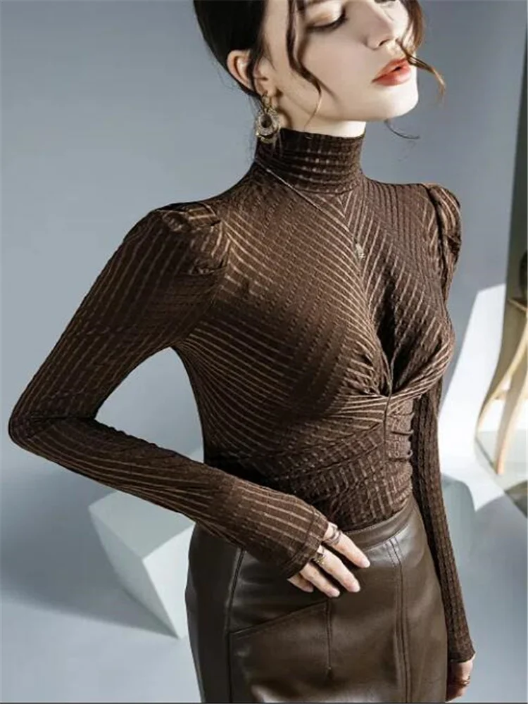 

High-necked Long-sleeved T-shirt Women's Slim Pleated Jumpper Top Autumn Winter Thin Inner Bottoming Top Basice Femme Tees