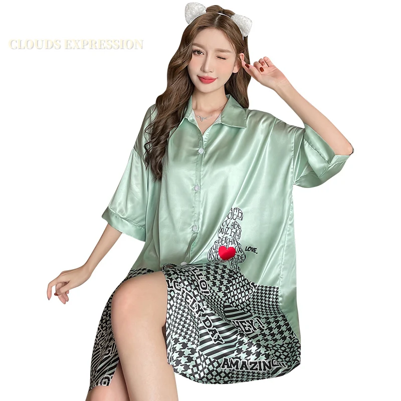 

Summer Silk-like Satin Lapel Night Skirts Gowns Elegant Women's Nightgowns Nighttie Green Sleepshirts Ladies Sleeping Home Dress