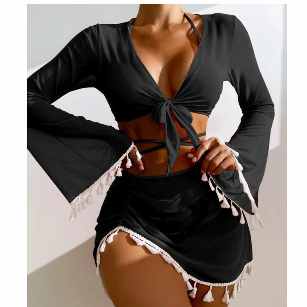 Women's Tassels Swimsuit Sexy 4 Pieces Suit Swimwear Halter Micro Bikini Set+Flare Sleeve Crop Top+Skirt Cover Up Bathing Suits