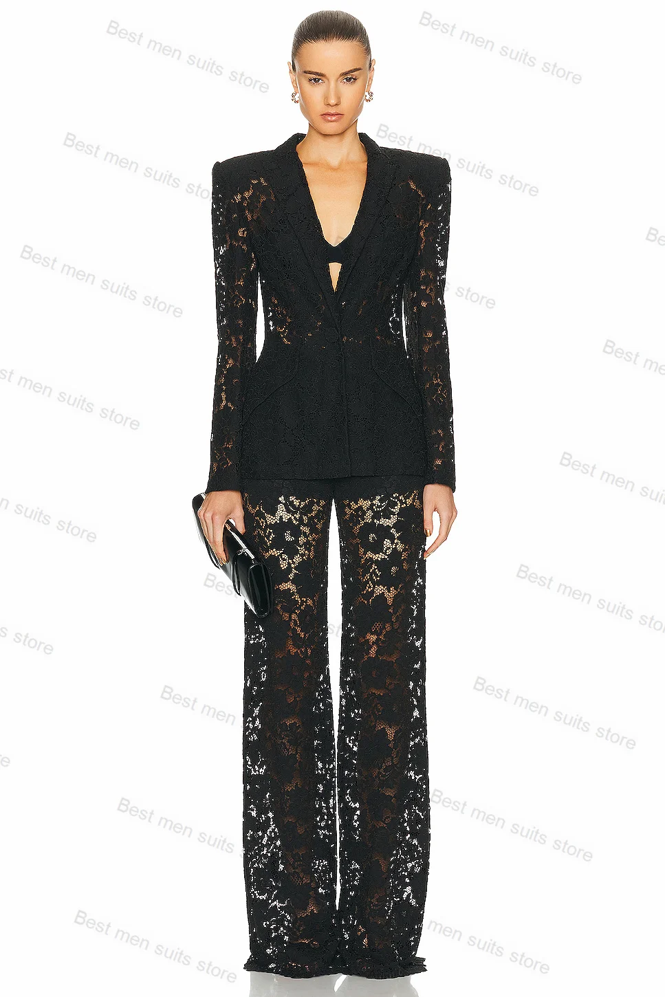 

Black Lace Women Suit Set Blazer+Straight Pants 2 Piece See Through Wedding Tuxedo Party Jacket Tailored Formal Office Lady Coat