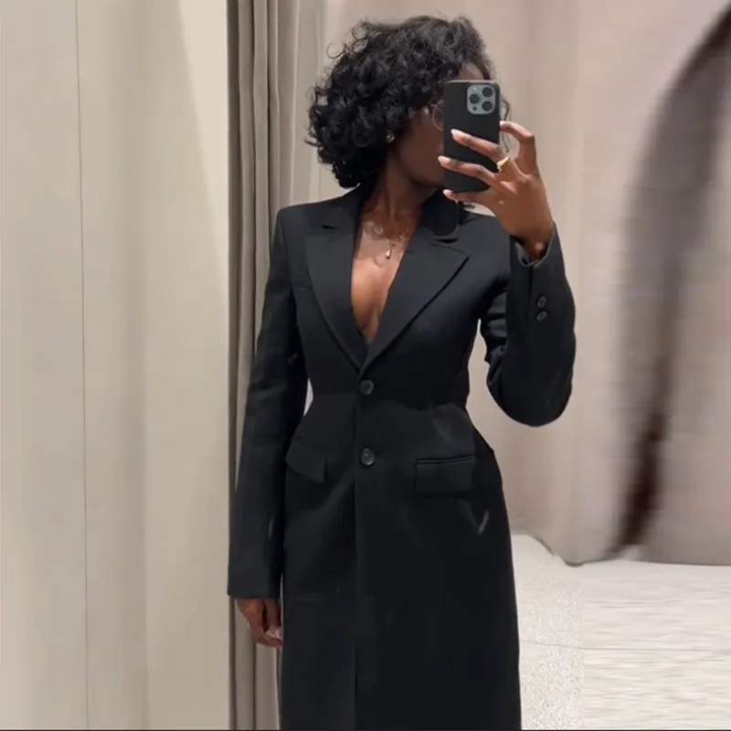 Vintage Lapel Black Long Overcoat Women Slim High Waist Full Sleeve Single Breasted Shoulder Pad Coat New Spring Commute Outwear