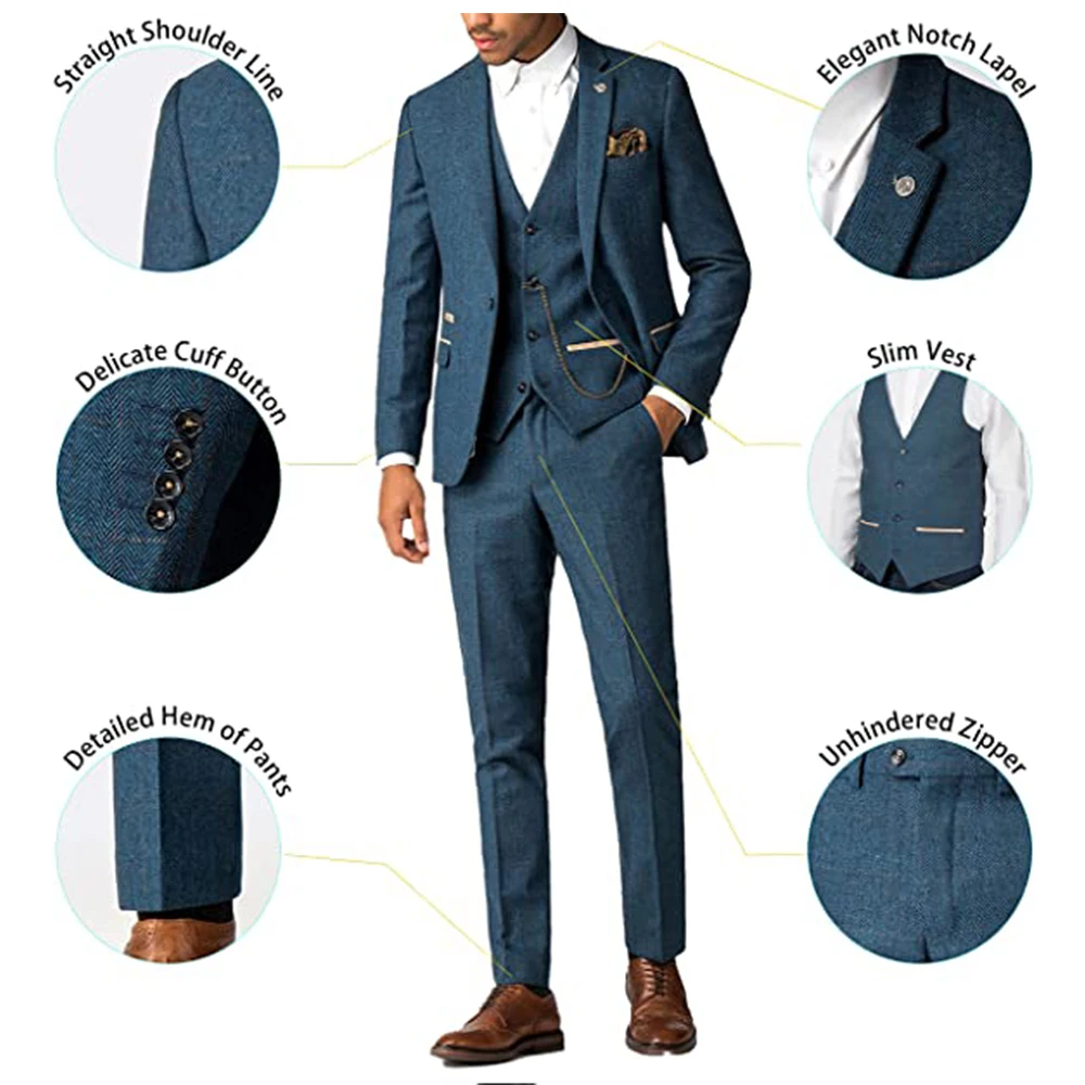 Tweed Men Suits 3 Pieces Formal Business Suit Set Custom Gentle-Mens Groom Wedding Dress Blazer Suits(Jacket+Pants+Vest)